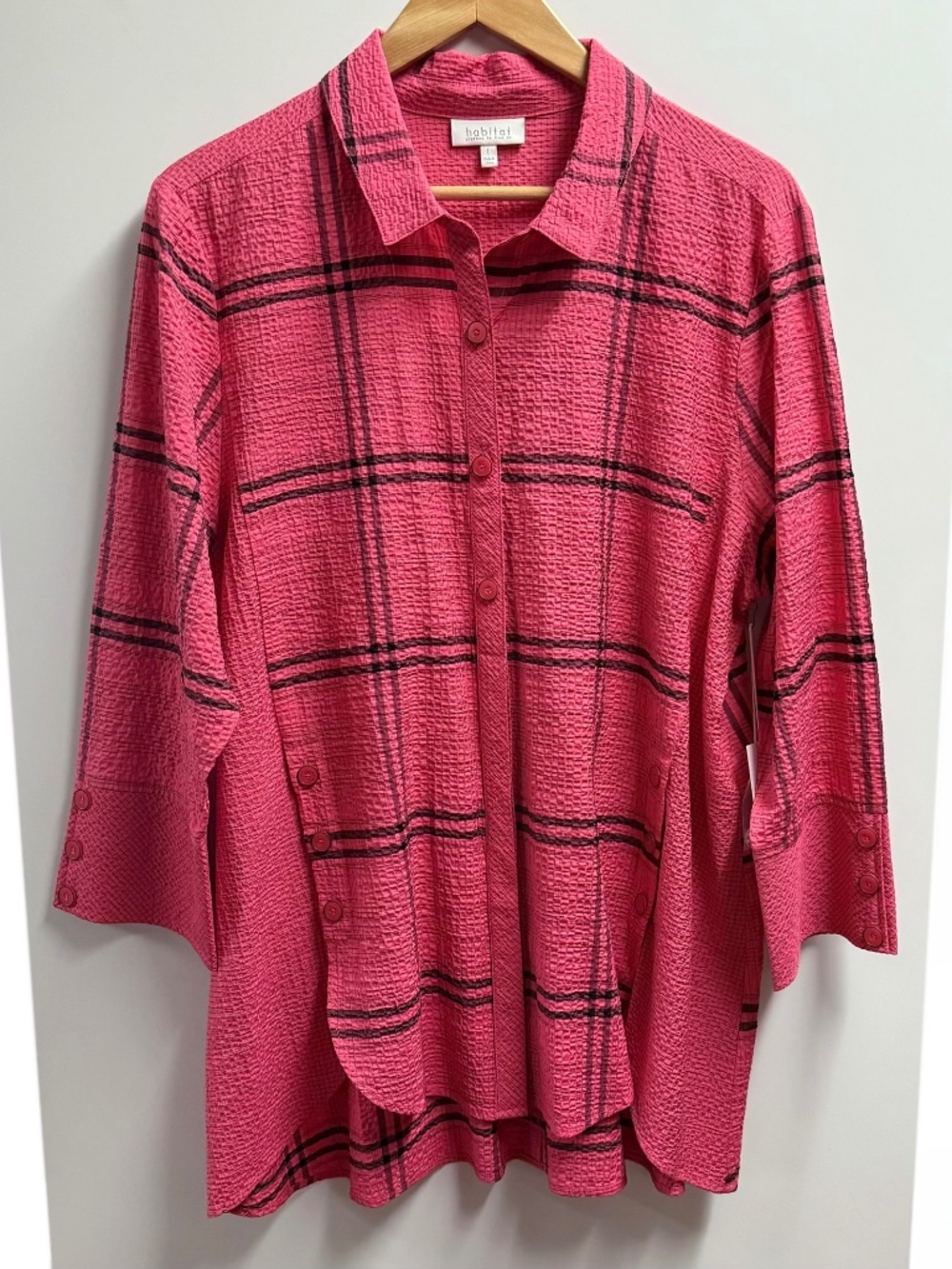 Habitat Long Plaid Art Shirt Pink Black L NWT
